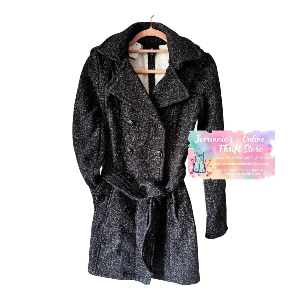 IZ Byer Metallic Tweed Double-Breasted Trench Coat with Sherpa Hood XS